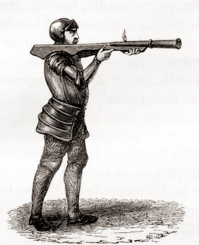 Um soldado raso usando uma bomba manual, no final dos séculos XIV e XV, após um desenho do século XIX, de Les Merveilles de la Science, publicado c.1870 (gravura) de French School