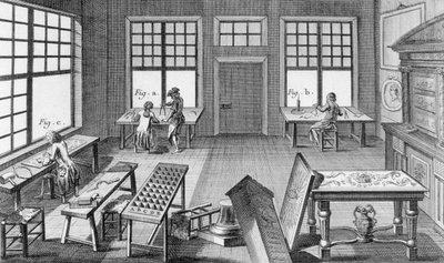Uma oficina de inlayers para móveis, da Encyclopédie des Sciences et Metiers de Denis Diderot (1713-84), publicada em 1770 de French School