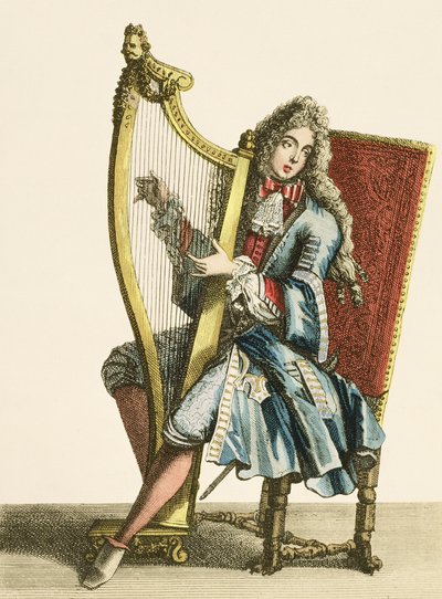 Um cavalheiro tocando harpa de French School