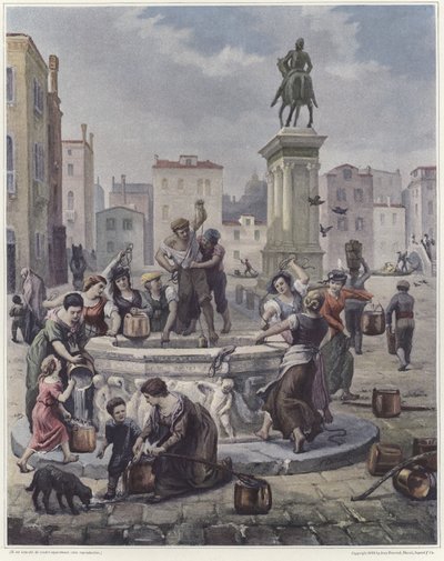 Um grupo de mulheres que coletam água de um poço em Veneza de French School