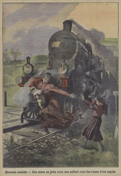 Um suicídio doloroso: uma mãe que se atira e seu filho sob as rodas de um trem expresso (cor litho) de French School