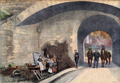 Uma família sem abrigo acampada debaixo de uma ponte em Paris. Gravura tirada do jornal "Le Petit Parisien". de French School
