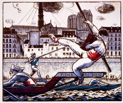 Um concurso de justas em um festival no Rio Sena, Paris, c.1890-1920 (impressão em xilogravura a cores) de French School