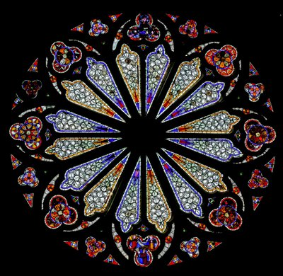 Um roseiral do final do século XIII com algum vidro original (vitral) de French School