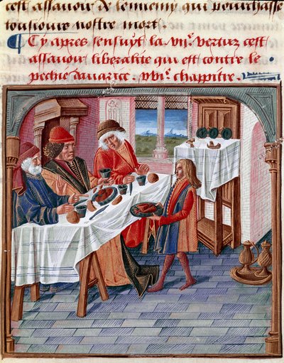Um homem partilha a sua mesa com um pobre necessitado Miniatura tirada de "Le livre de bonnes moreurs de Jacques Legrand" 1490 Chantilly, Musee Conde de French School