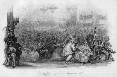 Um baile de máscaras na Ópera de Paris, em 1843. ("Le carnival" canção par Marc-Antoine Madeleine Desaugiers) em "- CHANS et CHANS POPULES DE LA FRANCE - 1843 - H.- L. DELLOYE, editora, LIBRAIRIE DE GARNIER. de French School