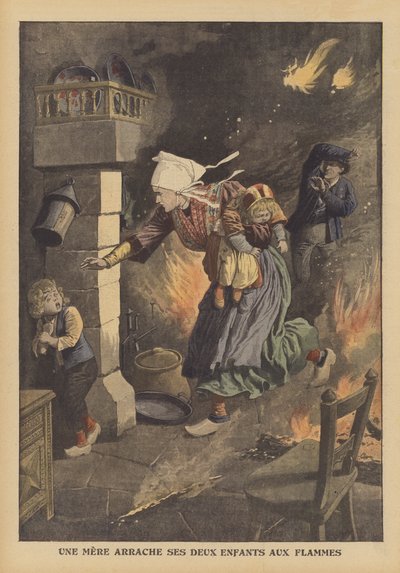 Uma mãe a salvar os seus filhos de uma fogueira (cor litho) de French School