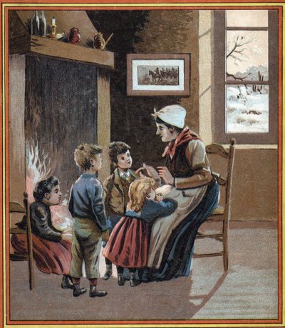 Uma mãe conta histórias aos seus filhos junto ao fogo. Capa do livro "Les contos du foyer pour les petits". Gravura anónima do século XIX. de French School