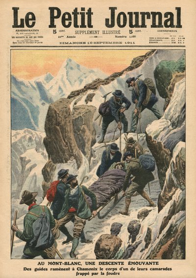 Uma descida em movimento ao longo do Mont Blanc, ilustração do &39;Le Petit Journal&39;, suplemento ilustrado, 10 de setembro de 1911 (cor lito) de French School