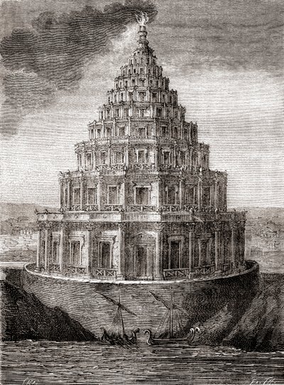 Uma representação imaginária do século XIX do Farol de Alexandria, também conhecido como Pharos de Alexandria, um farol construído pelo Reino Ptolemaico entre 280 e 247 a.C., de "Les Merveilles de la Science", publicado c.1870 (gravura) de French School