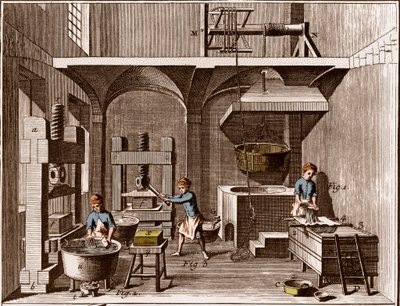 Uma fábrica de papel - Papelaria: Collage - "The Great Encyclopedie, ou Dictionnaire Raisonne des Sciences, des Arts et des Metiers" (Enciclopédia ou Dicionário das Ciências, Artes e Profissões) de Denis Diderot (1713-1784) e Jean d