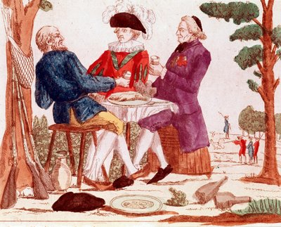 Um camponês (tiers etat), um clérigo e um aristocrata comem um coelho juntos à mesa, no fundo à direita uma cena de caça, à esquerda, três armas, agosto de 1789 (gravura, fim do século XVIII) de French School