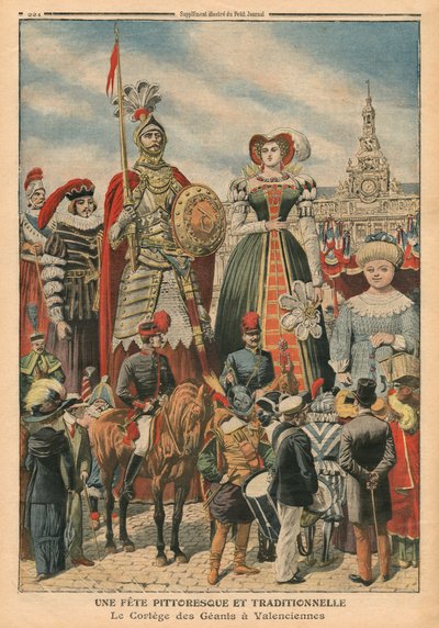 Uma festa pitoresca e tradicional, a procissão dos gigantes em Valenciennes, ilustração de &39;Le Petit Journal&39;, suplemento ilustre, 10 de julho de 1910 (colout litho) de French School