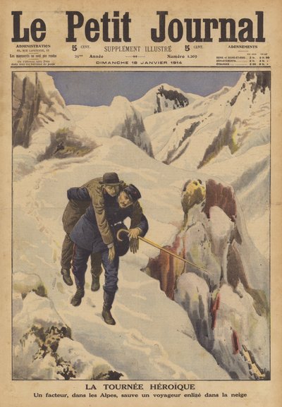 Um carteiro salvando um viajante perdido na neve dos Alpes (cor litho) de French School