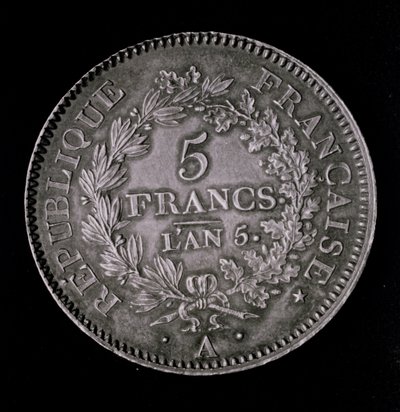 Uma libra de vinte sóis, equivalente ao primeiro franco da Primeira República (anverso) (metal) de French School
