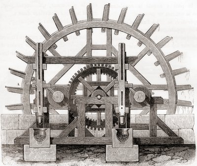 Um moinho de pó e sua roda de água, depois de um desenho do século XIX, de Les Merveilles de la Science, publicado c.1870 (gravura) de French School