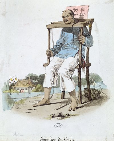 Um prisioneiro no Cangue na China, c.1800 (gravura colorida) de French School