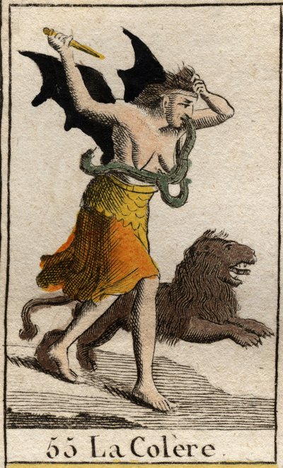 Uma representação da raiva vestida em cacos, ela segura uma adaga e arranca o cabelo. (Representação da Raiva, vestida com farrapos, ela segura uma faca e arranca o cabelo). Da "Mitologia da Juventude", de Pierre Blanchard 1803. de French School