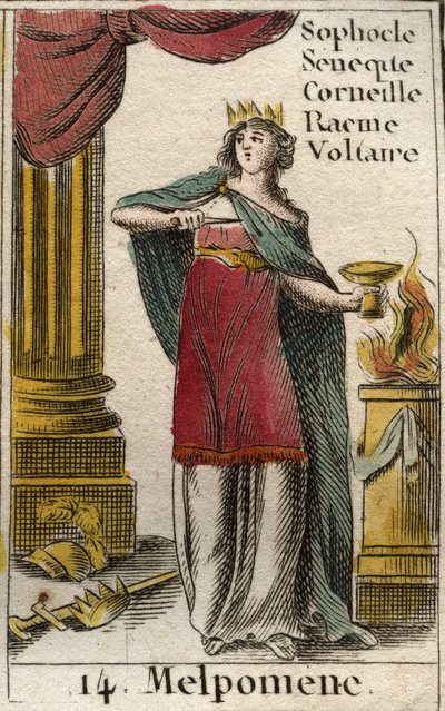 Uma representação de Melpomene, Musa da Tragédia, ela usa uma coroa, um ceptro e uma adaga, bem como um copo de veneno (Representação de Melpomene, Musa da Tragédia, com uma coroa, uma máscara trágica, uma faca e um copo de veneno. Da "Mitologia da Juventu de French School