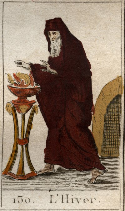 Uma representação da estação do Inverno como um velho a aquecer-se a si próprio por um incêndio. (O inverno representado como um homem velho tentando se aquecer por um fogo). Da "Mitologia da Juventude" de Pierre Blanchard 1803. de French School