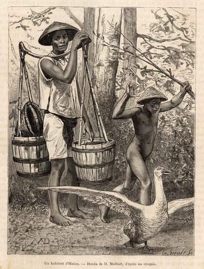 Um residente de Hatien (Vietnã) carregando baldes e cesta e uma criança caçando um ganso com um pau, gravando após um desenho de Robin ilustrando a viagem a Cochinchine, pelo Dr. Morice, em 1872, publicado em "Le tour du monde" 1875, editado por E de French School