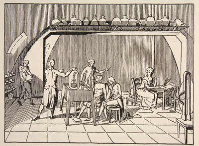 Experimento respiratório no laboratório de Lavoisier, cópia de Boris Mestchersky (n.1957) Ilustração da História das Nacionalidades Francaise, Volumes I e II, de Gabriel Hanotaux (1853-1944) de French School