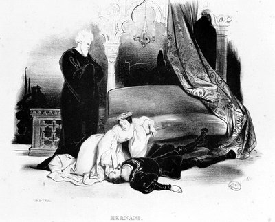 Uma cena de Victor Hugo Hernani - em "The Dramatic World", c. 1832 de French School
