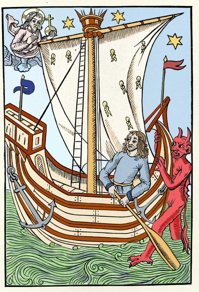 Um barco entre os perigos do mar. Um demónio apoderou-se da proa, enquanto Deus se manifestava à esquerda. Gravura do "Grande Calendário e Composto dos Pastores", Troyes 1491 de French School
