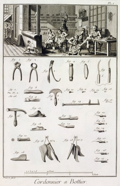 Um sapato e bootmaker e suas ferramentas, da enciclopédia de Ciências e Metiers por Denis Diderot (1713-84) publicado c.1770 de French School