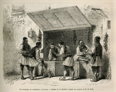 Uma sapataria e sua clientela, em Livadie, desenho de D.Maillard, para ilustrar a história de Henri Belle: Voyage en Greece de French School