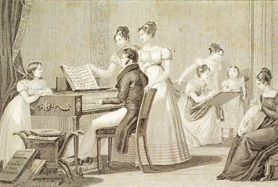Uma aula de canto para senhoras jovens (gravura) de French School
