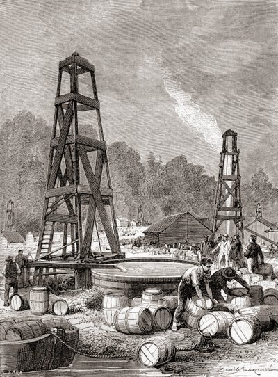 Uma fonte de petróleo em Oil Creek no Rio Allegheny, Pensilvânia, EUA, em 1858, descoberta por Edwin Laurentine Drake, também conhecido como Coronel Drake, de 