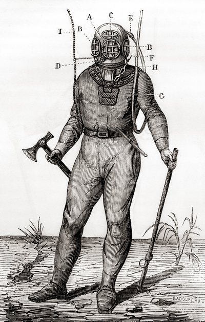 Um fato de mergulho padrão patenteado por Joseph-Martin Cabirol em 1855, de 