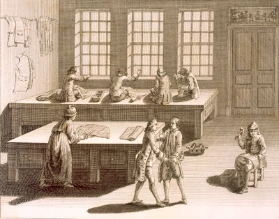 Uma oficina de alfaiates, da Encyclopédie des Sciences et Metiers de Denis Diderot (1713-84), publicada em 1770 de French School
