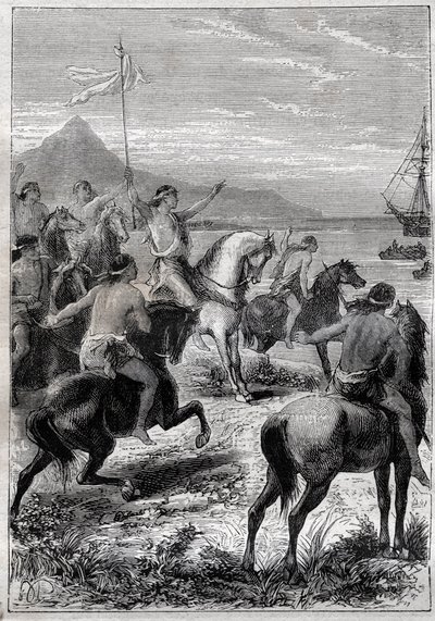 Uma tropa de homens a cavalo usava uma bandeira branca: Vice-Almirante John Byron (1723-1786) recebido pelos nativos do Cabo das Virgens, na foz oriental de Detroit, em 1764 - ilustração de "Os Grandes Marinheiros do século XVIII". de French School