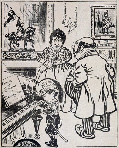 Um bronze usado, caricatura com navios de guerra, partitura de Deroulede ao piano e estatueta de Joana d