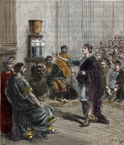 Um relógio de água ou clepsydra em Atenas - Grécia Antiga - la clepsydre a Athenes - Gravura em "Sciences placed at the door of all - physics and chemistry" de Alexis Clerc - Final do século XIX - Colecção privada de French School