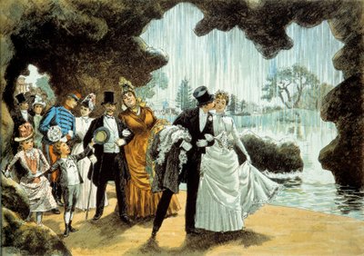 Um casamento tem uma cascata. Casal de noivos no Parc des Buttes Chaumont (). Impressão do final do século XIX Coleção Particular de French School