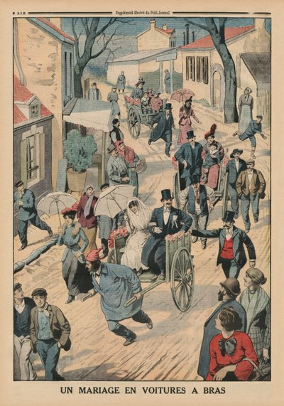 Um casamento em carrinhos de mão, ilustração da capa traseira do Le Petit Journal, suplemento illustre, 5 de abril de 1914 de French School
