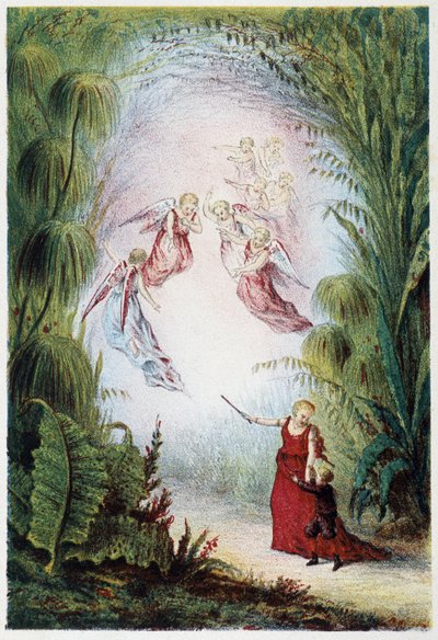 Uma mulher e os anjos a mostrar o caminho a um rapaz - em "Journey to the bottom of the sea" de H. de la Blanchère. Paris, Ed. Jouvet et Cie, sd. 1880. de French School