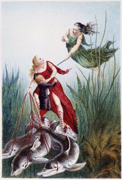 Uma mulher que ataca outra mulher e um rapaz conduzido por golfinhos - in "Viagem ao fundo do mar" de H. de la Blanchère. Paris, ed. Jouvet et Cie, sd. 1880. (duplo 02947) de French School