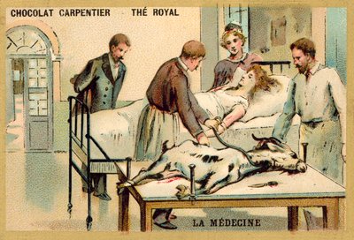 Uma mulher que recebe uma transfusão de sangue de uma cabra (chromolitho) de French School