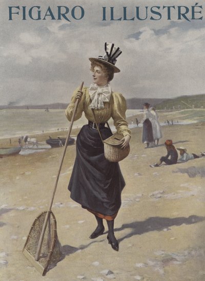Um, mulher caminhando, ao longo, um, praia, carregar, equipamento pescaria de French School