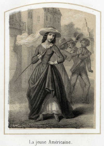 Uma jovem americana provoca brigas entre os seus pretendentes. Gravura anónima do século XIX de French School