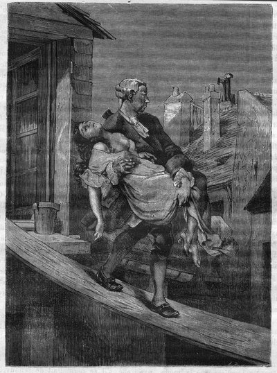 Uma jovem é levada para os prazeres do Rei Luís XV no Parque dos Cervos. Gravação em "A história da prostituição e do deboche entre todos os povos do mundo desde a antiguidade até os dias de hoje" pelo Dr. Th. -F. Debray. 1879. de French School