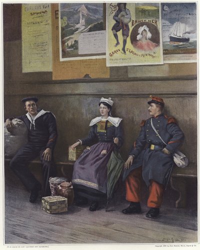 Um, mulher jovem, sentando, entre, um, marinheiro, e, um, soldado de French School