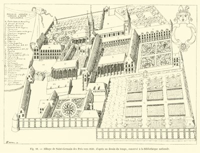 Abadia de Saint-Germain des Pres por volta de 1630, após um desenho da época, preservada na Biblioteca Nacional de French School