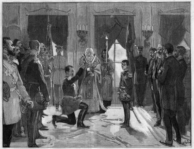 Abdicação do rei Milão 1° da Sérvia (1854-1901), 7 de março de 1889: o antigo rei faz um juramento de obediência e fidelidade ao seu filho, Alexandre 1° da Sérvia (1876-1903), pelo qual acaba de abdicar. Gravura no "Le Monde Illustré" n°1666 de 2 de março  de French School