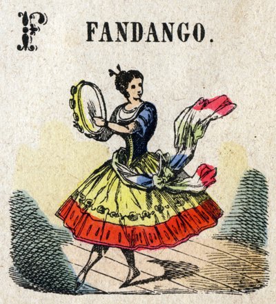 Abecedário. Carta F como Fandango. Pequeno alfabeto enciclopédico, série popular. Imagem epinal, final do século XIX. de French School