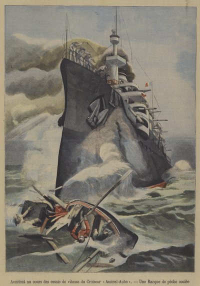 Afundamento acidental de um barco de pesca pelo cruzador blindado francês Almirante Aube durante provas de velocidade (cor litho) de French School